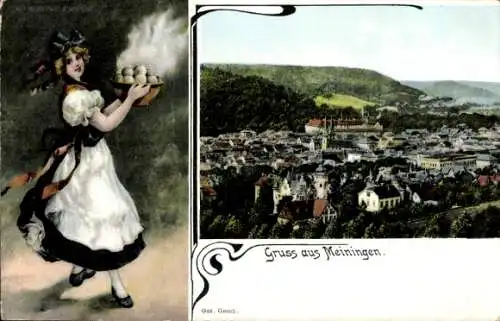 Jugendstil Ak Meiningen in Südthüringen, Gesamtansicht, Frauen in typischer Tracht mit Knödeln