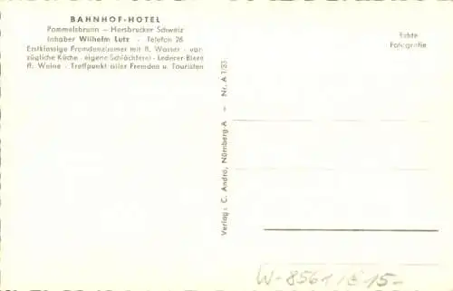 Ak Pommelsbrunn in Mittelfranken, Bahnhof Hotel, Restaurant