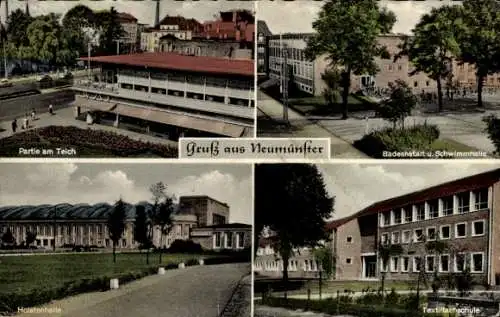 Ak Neumünster in Holstein, Partie am Teich, Textilfachschule, Holstenhalle, Badeanstalt