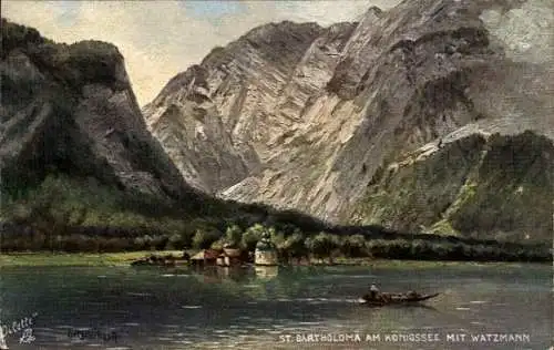 Künstler Ak Schuhrig, Carl, Schönau am Königssee Oberbayern, St. Bartholomä, Watzmann