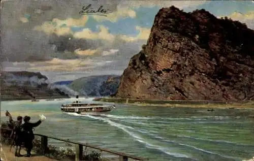 Künstler Ak Hoffmann, H., St. Goarshausen Rhein, Loreleyfelsen, Flussdampfer, Wanderer