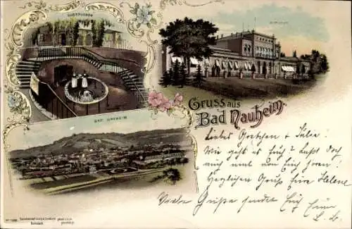 Litho Bad Nauheim in Hessen, Kurhaus, Gesamtansicht, Brunnen