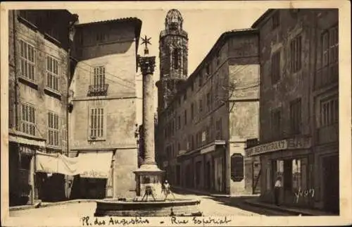 Ak Aix en Provence Bouches du Rhône, Place des Augustins, Rue Esperiat, Säule, Turm, Restaurant