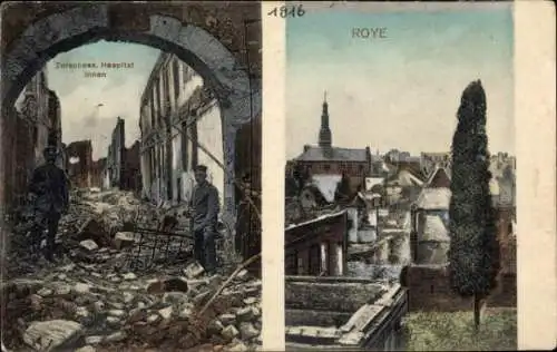 Ak Roye Somme, Teilansicht, Kirche, zerschossenes Hospital innen