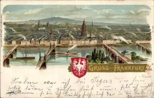 Wappen Litho Frankfurt am Main, Totalansicht der Ortschaft, Brücken