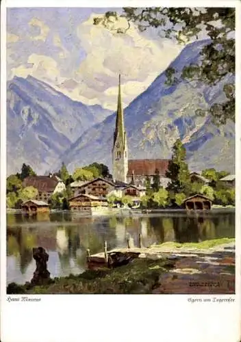 Künstler Ak Maurus, Hanns, Rottach Egern in Oberbayern, Blick auf den Ort, Kirche, Tegernsee