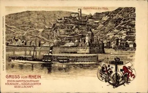 Wappen Litho Kaub Rhein, Dampfer, Gutenfels, Ort