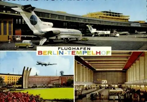 Ak Berlin Tempelhof, Flughafen, Platz der Luftbrücke, Halle, Passagierflugzeug Pan American