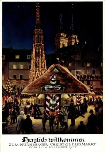 Künstler Ak Nürnberg, Christkindlesmarkt 1965, Türme, Bienenhonigstand