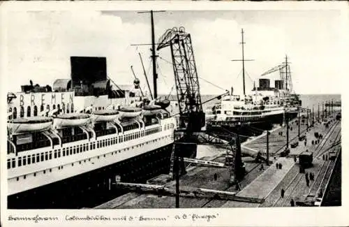 Ak Bremerhaven, Columbuskai, Dampfer Europa, Dampfer Bremen, Norddeutscher Lloyd Bremen