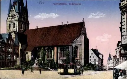 Ak Flensburg in Schleswig Holstein, Partie am Südermarkt, Straßenbahn, Kirche