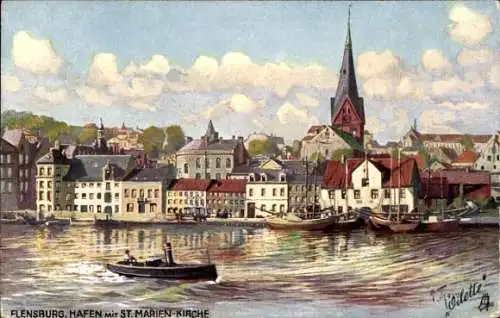 Künstler Ak Flensburg in Schleswig Holstein, Hafen mit St. Marienkirche, Tuck No. 665 B