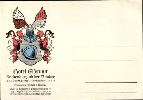 Wappen Ak Rothenburg ob der Tauber Mittelfranken, Hotel Eisenhut