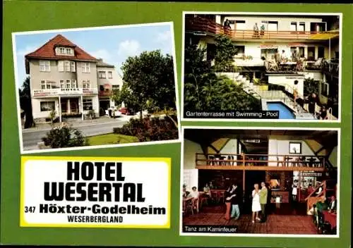 Ak Godelheim Höxter an der Weser, Gartenterrasse, Swimming-Pool, Tanz, Kaminfeuer