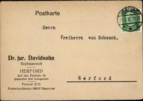 Ak Herford in Westfalen, Dr. jur. Davidsohn, Rechtsanwalt, Freiherr von Schenk