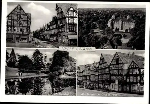 Ak Celle in Niedersachsen, Teilansichten, Zöllnerstraße, Schloss, Schlossgarten, Fachwerkhäuser