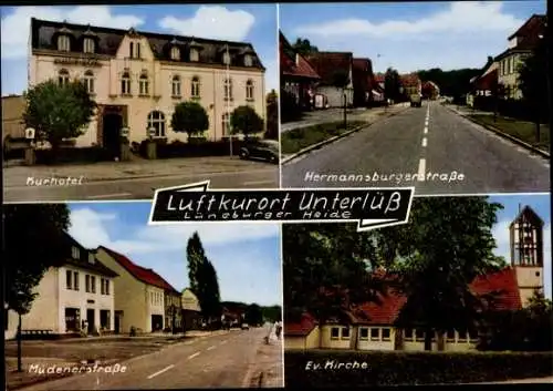 Ak Unterlüß Unterlüss Lüneburger Heide, Kurhotel, Hermannsburgerstraße, Müdenerstraße, Kirche