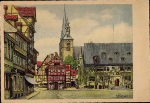 Künstler Ak Schewe, M., Quedlinburg im Harz, Marktplatz