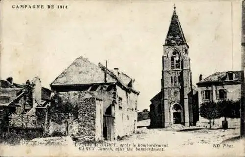 Ak Barcy Seine et Marne, Kirche, apres le bombardement