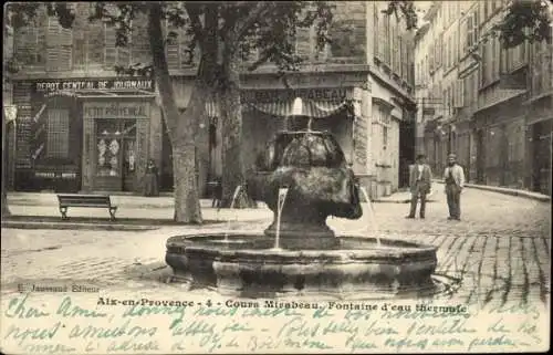 Ak Aix en Provence Bouches du Rhône, Cours Mirabeau, Thermalwasserbrunnen, Bar