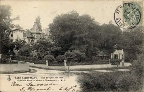 Ak Le Parc de Saint Maur Val de Marne, Vue du Quai du Parc prise du Pont en allant a Champigny