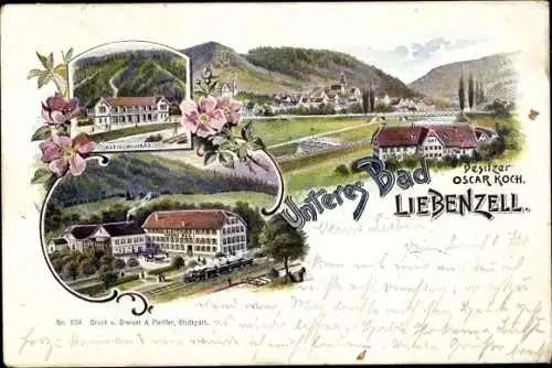 Litho Bad Liebenzell im Schwarzwald, Klein Wildbad, Unteres Bad, Eisenbahn