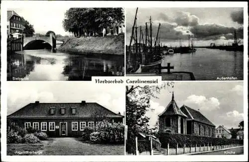 Ak Carolinensiel Knyphauserwald, Siel, Hafen, Kirche