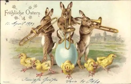 Litho Glückwunsch Ostern, Musizierende Hasen, Ei, Küken