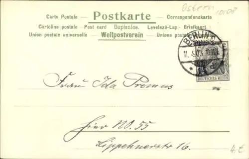 Litho Glückwunsch Ostern, Musizierende Hasen, Ei, Küken