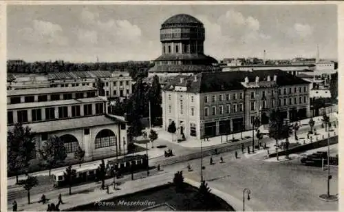 Ak Poznań Posen, Messehallen, Straßenbahn