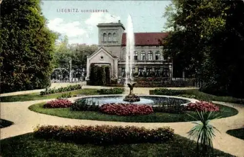 Ak Legnica Liegnitz Schlesien, Schiesshaus, Springbrunnen