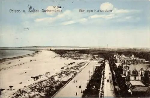 Ak Świnoujście Swinemünde Pommern, Blick vom Kurhausturm, Strand, Promenade