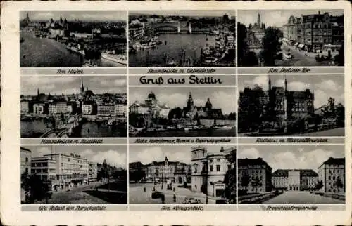 Ak Szczecin Stettin Pommern, Ufa Palast, Hafen, Baumbrücke, Getreidesilo, Berliner Tor, Hansabrücke