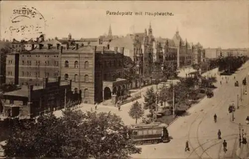 Ak Szczecin Stettin Pommern, Paradeplatz mit Hauptwache, Straßenbahn