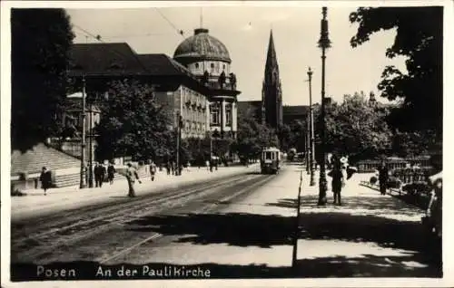 Foto Ak Poznań Posen, Paulikirche, Straßenbahn