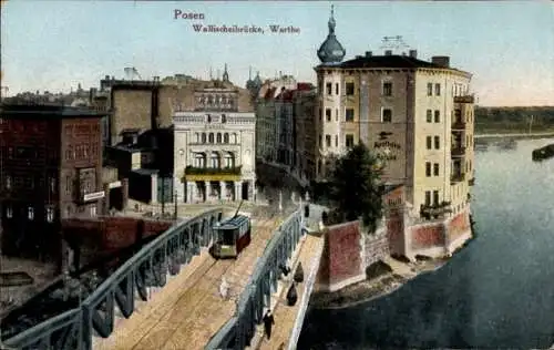 Ak Poznań Posen, Wallischeibrücke über die Warthe, Straßenbahn