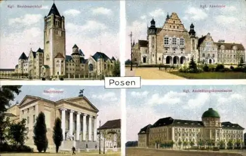 Ak Poznań Posen, Residenzschloss, Akademie, Stadttheater, Ansiedlungskommission