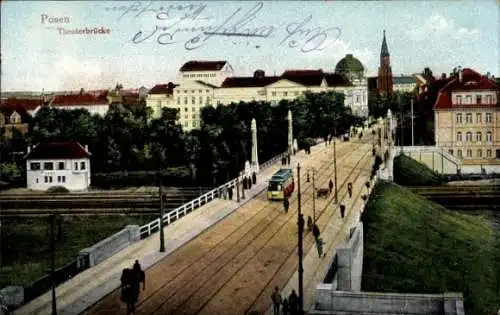 Ak Poznań Posen, Theaterbrücke, Straßenbahn