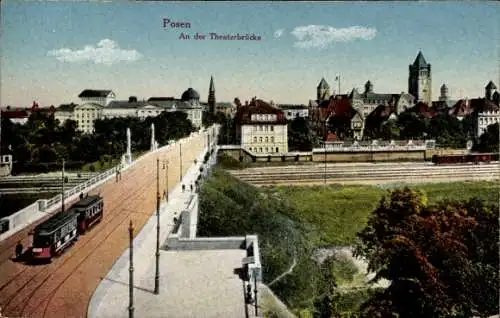 Ak Poznań Posen, An der Theaterbrücke, Straßenbahn