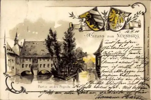 Litho Nürnberg Mittelfranken Bayern, Blick auf die Museumsbrücke, Bogenbrücke