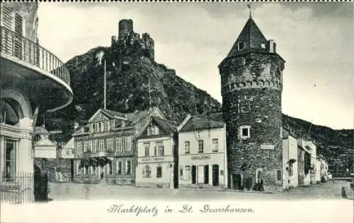 Ak St. Goarshausen am Rhein, Marktplatz, Burg, Turm