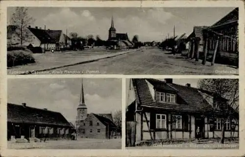 Ak Luckow Kreis Randow Pommern, Dorfstraße, Schule, Kirche, Gastwirtschaft H. Meyer