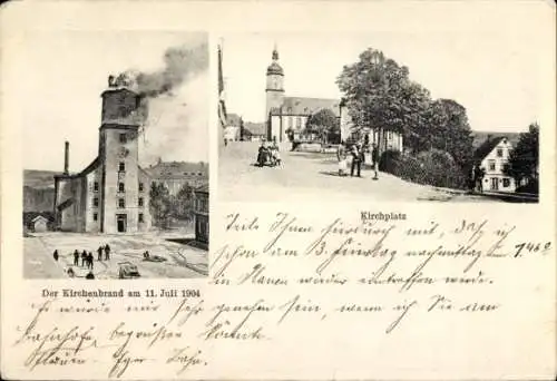 Ak Adorf im Vogtland, Kirchenbrand am 11. Juli 1904, Kirchplatz