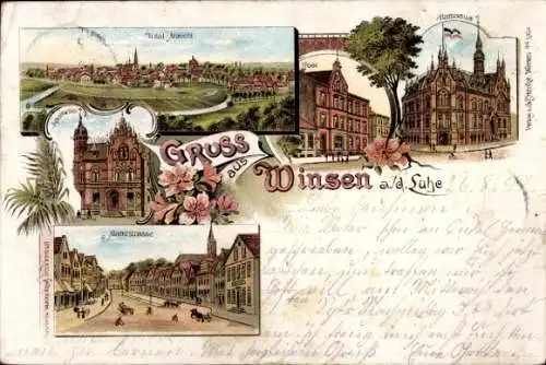 Litho Winsen an der Luhe, Gesamtansicht, Post, Rathaus, Apotheke