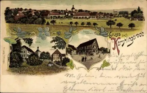 Litho Kerstlingerode Gleichen in Niedersachsen, Panorama, Gasthaus, Kirche, Schule