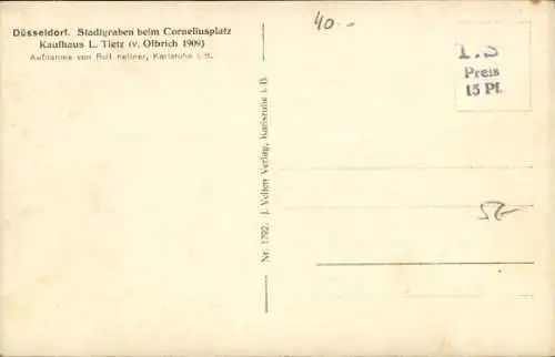 Ak Düsseldorf am Rhein, Stadtgraben beim Corneliusplatz, Kaufhaus L. Tietz, v. Olbrich 1909,