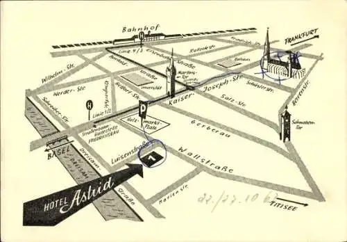 Stadtplan Ak Freiburg im Breisgau, Hotel Astrid, Luisenstraße 1