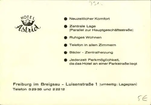 Stadtplan Ak Freiburg im Breisgau, Hotel Astrid, Luisenstraße 1