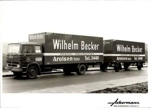 Foto Lastwagen, Mercedes LKW mit Anhänger, Möbeltransporte Wilhelm Becker, Arolsen, Ackermann