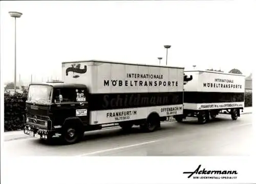 Foto Lastwagen, Mercedes LKW mit Anhänger, Int. Möbeltransporte Schildmann KG, Frankfurt, Offenbach